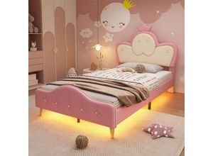 0763492776692 - Polsterbett 90x200cm Einzelbett mit Kopfteil & Lattenrost Kinderbett aus Kiefernholz Jugendbett Holzbett LED-Licht Erwachsene Gepolstertes