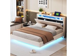 0763492776814 - Oihpaw - Polsterbett 160x200 cm Bettgestell Doppelbett mit USB-Steckdose und LED-Licht Metallbet mit Lattenrost Wendbares Kopfteil Verdecktes