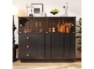 0763492777347 - Oihpaw - Sideboards KüchenschränkeLagerschränke Multifunktionaler SchrankSchwarz Schränked Goldener Griff Schiebetür aus RauchglasSideboard