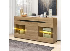 0763492779426 - Oihpaw - led Sideboard Wohnzimmer Anrichte Möbel mit 3 Türen 3 Schubladen Holzfarbenen Vitrinenschrank Moderne Stilvoll Schlafzimmer Kommode