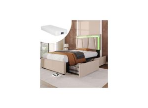 0765351586565 - Hengmei - Polsterbett 90x200 cm Boxspringbett mit Seitliche Lagerung led Beleuchtung Bettgestell mit Lattenrost Bettkasten - Beige mit Matratze