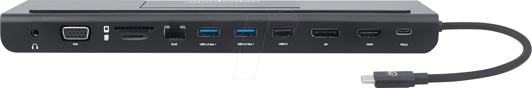 0766623153478 - Manhattan USB-C Dock Hub with Card Reader and MST Ports (x9) Audio 35mm DisplayPort Ethernet HDMI USB-A (x3) USB-C and VGA With Power Delivery (100W) to USB-C Port (Note add USB-C wall charger and USB-C cable needed)All Ports can be used