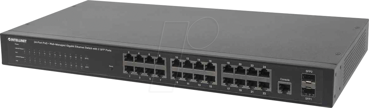 0766623560559 - Intellinet 24-Port Gigabit Ethernet PoE+ Web-Managed Switch with 2 SFP Ports 24 x PoE ports IEEE 8023at af Power over Ethernet (PoE+ PoE) 2 x SFP Endspan 19 Rackmount - Switch - 24 Anschlüsse - managed - an Rack montierbar