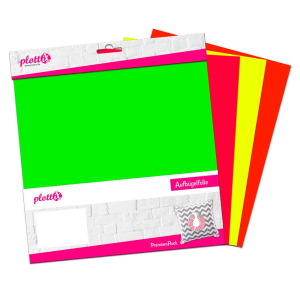 0767523756059 - PremiumFlock Neon Aufbügelfolie farbsortiert (neon) Flock-Folie 300 cm x 300 cm 0767523756059 4 Stück