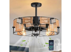 0769293530129 - Ganeed Deckenventilatoren mit Lichtern Industrial Style Bauernhaus 50cm Boho Rattan Käfig Lampe Hängende Pendelleuchte E27 mit Fernbedienung Schwarz