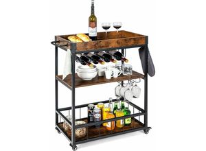 0783501202011 - Servierwagen mit abnehmbarem Tablett Küchenwagen auf Raedern Küchenregal mit Weinregal & Glashalter Barwagen Industrie-Design 67x40x895cm für