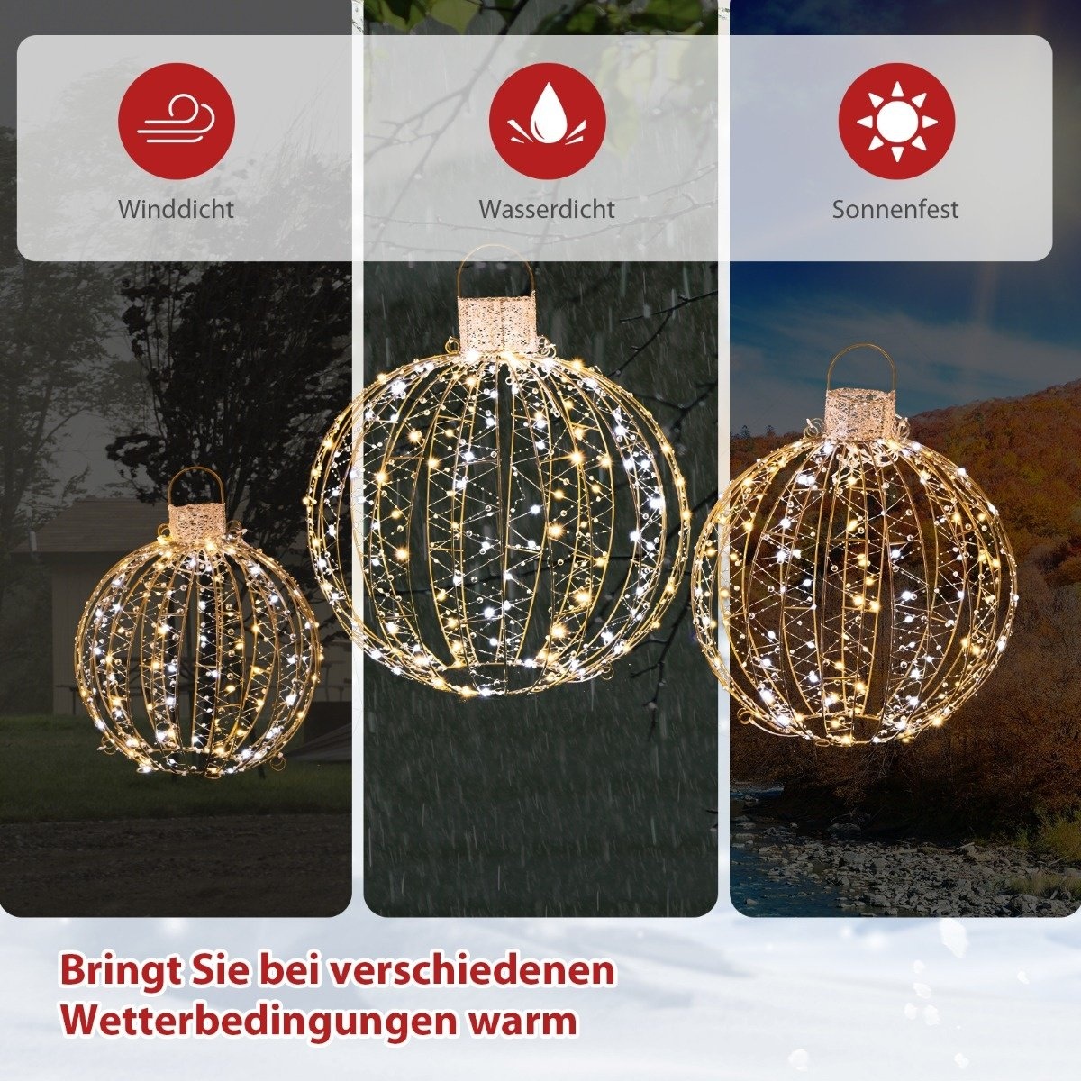 0783501229995 - 3-Pack Weihnachten führte Licht Kugeln runde Weihnachtsbeleuchtung in 3 Größen Gold