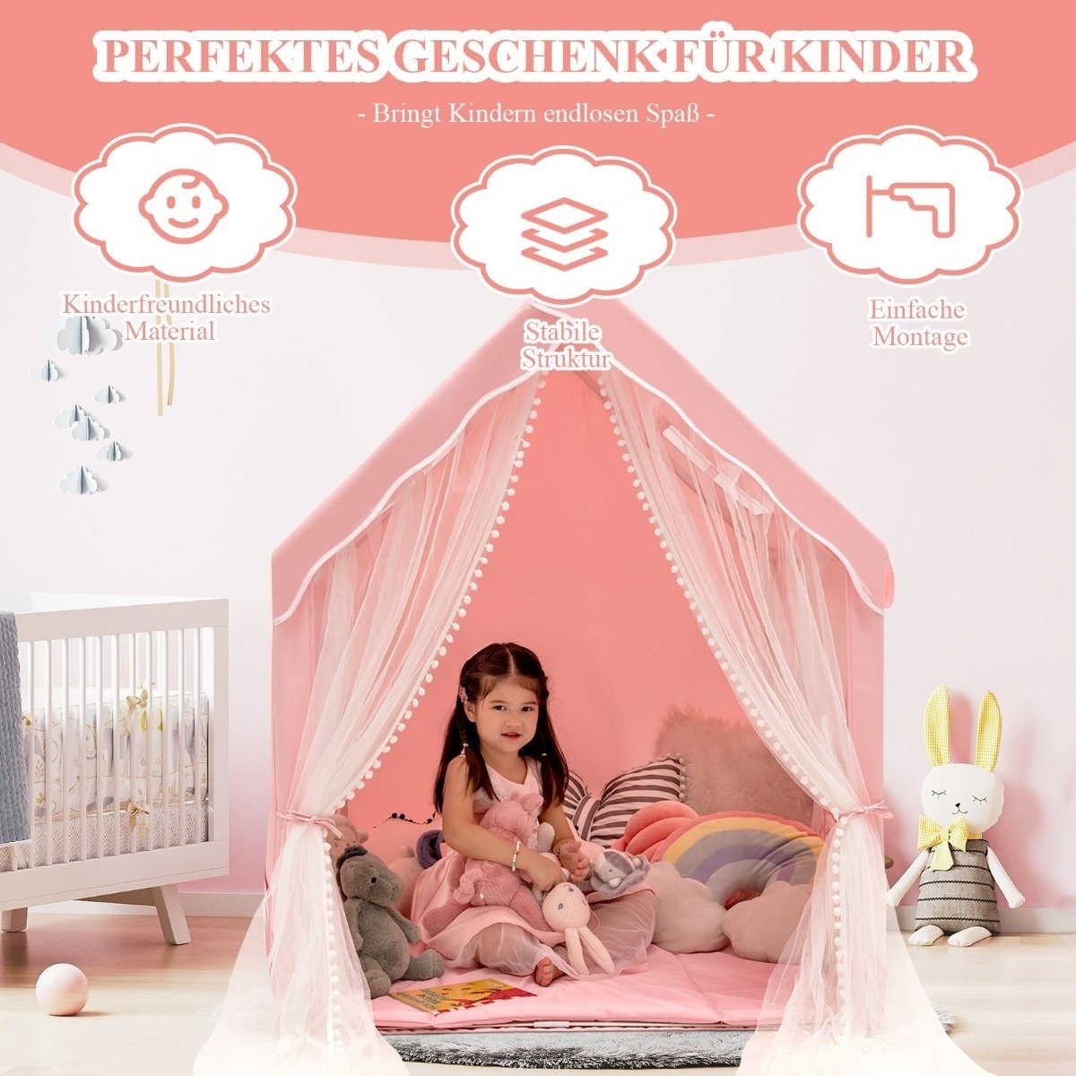 0783501230069 - Play Tent Großes Kinderspielzelt für drinnen mit mattem Türvorhang 121 x 105 x 137 cm rosa