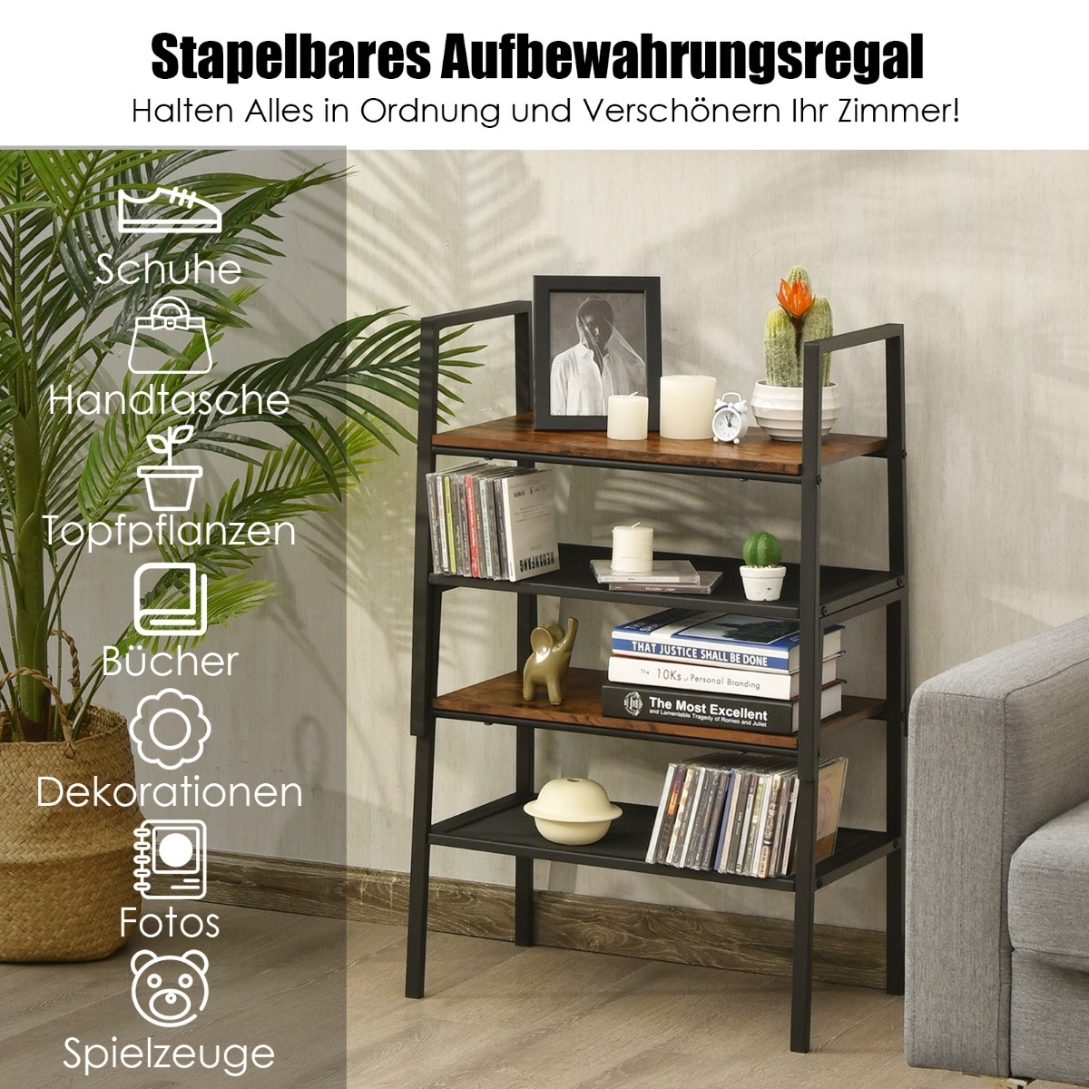 0783501230212 - 2-stöckiges stapelbares Schuhregal aus Holz und Metall 54 x 32 x 52 cm braun + schwarz