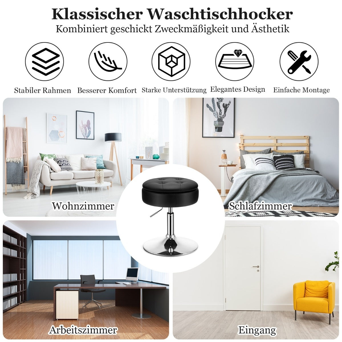 0783501231127 - Schminkhocker mit Stauraum rundum 360° drehbarer Hocker aus PU-Leder schwarz