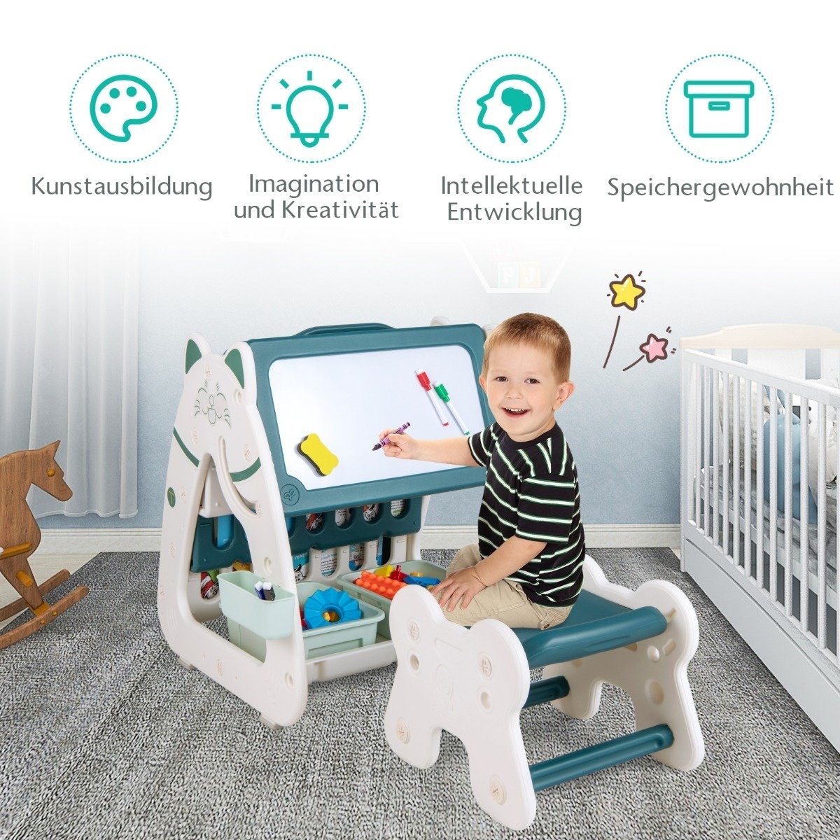 0783501231370 - Costway Kinder Staffelei mit Relief 3-in-1 doppelseitiger Tisch mit umgedrehtem Schreibtisch 56 x 54 x 63 cm