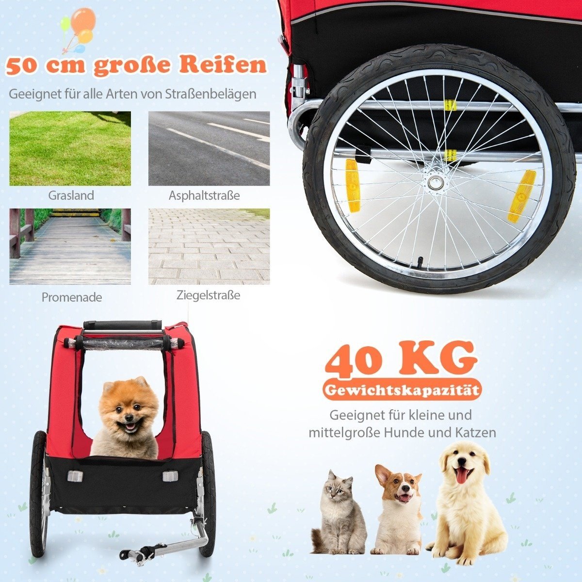 0783501232506 - Dog Trailers für Fahrräder PET-Anhänger für Fahrrad 40 kg belastbar rot rot