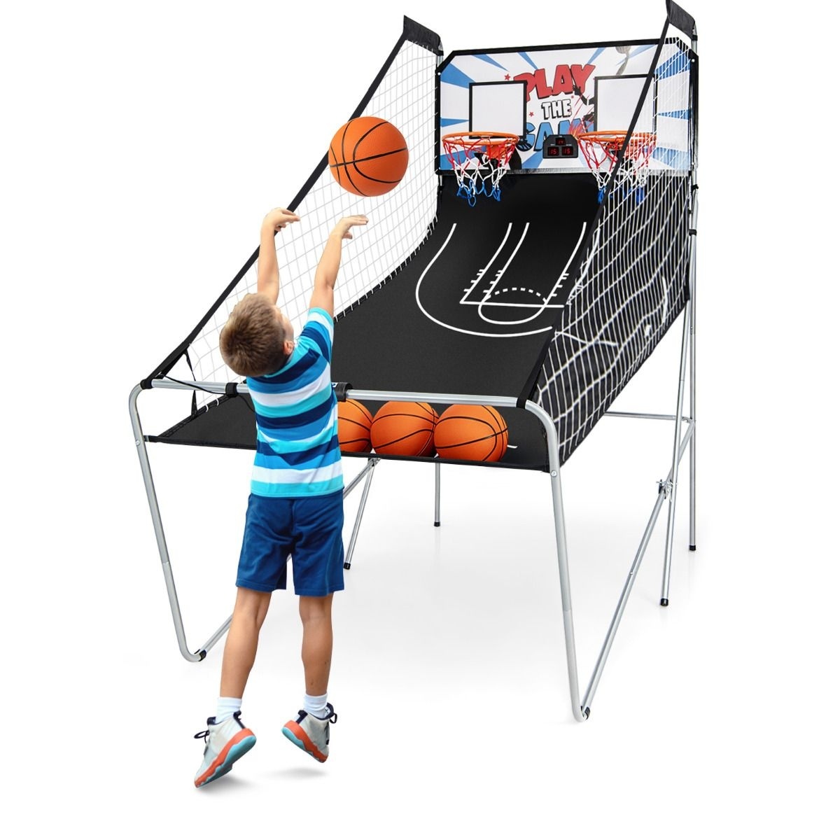 0783501232889 - Basketball Spielgerät - inkl 4 Basketbällen und aufblasbarer Pumpe - Punktzähler - 2 Körbe - 207 x 108 x 205 cm - Schwarz