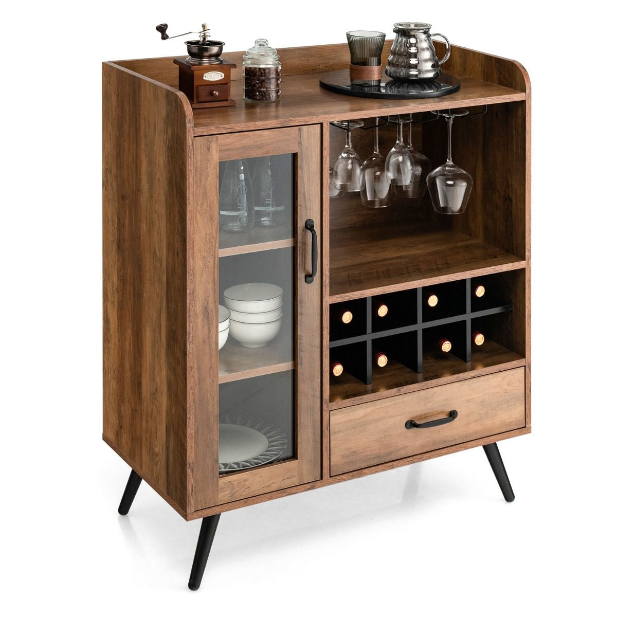 0783501268031 - Vintage Weinschrank - Mit Weinregal und Glashaltern - 1 Schublade 1 Tür - 80 x 40 x 95 cm - Holz