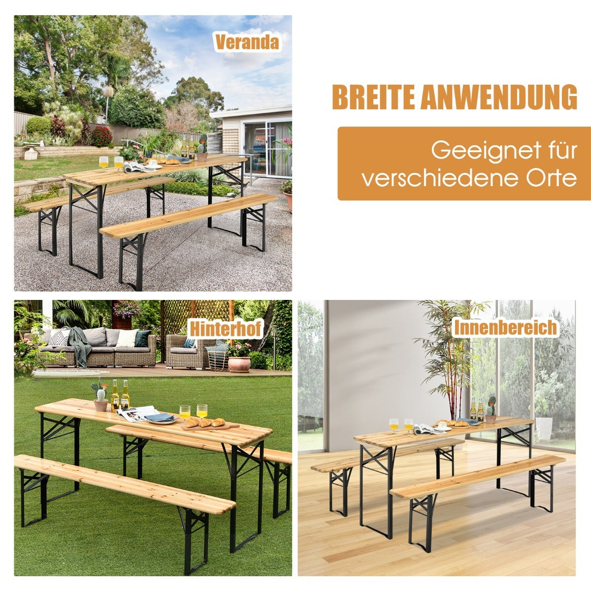 0783501268499 - 178 cm langer Biertisch mit Sitzbänken Set 3-teiliger klappbarer Picknicktisch und Bank-Set