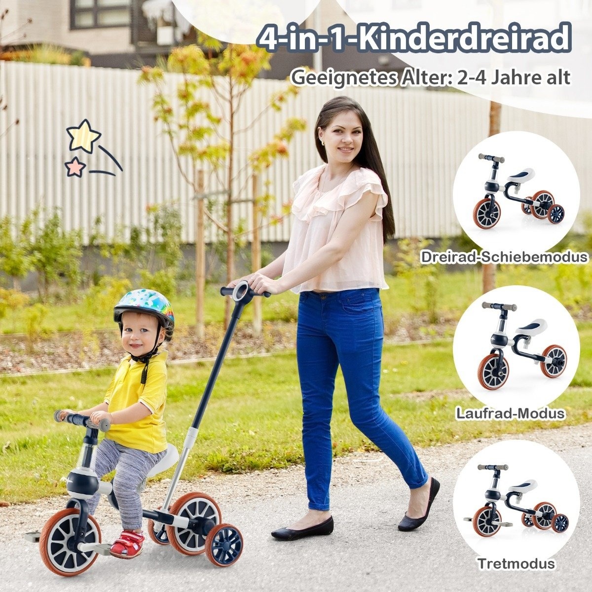 0783501268536 - Kinderrad 4-in-1 Vorschalenrad mit Elternschiebegriff 37 x 72 x 101 cm Marine