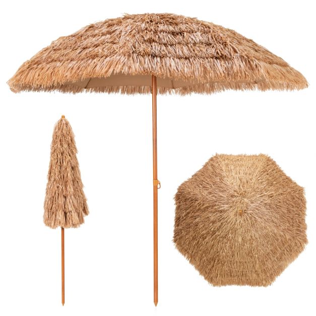0783501270409 - Hawaiian Style Strohsonnenschirm Ø285 cm - Natürliches Design mit 8 Metallrippen