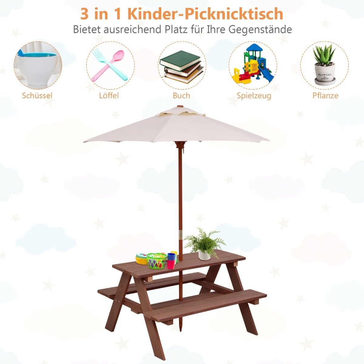 0783501270751 - Costway 3-in-1 Picknicktisch mit abnehmbarem Sonnenschirm Kindertisch Hochstuhl Gruppe