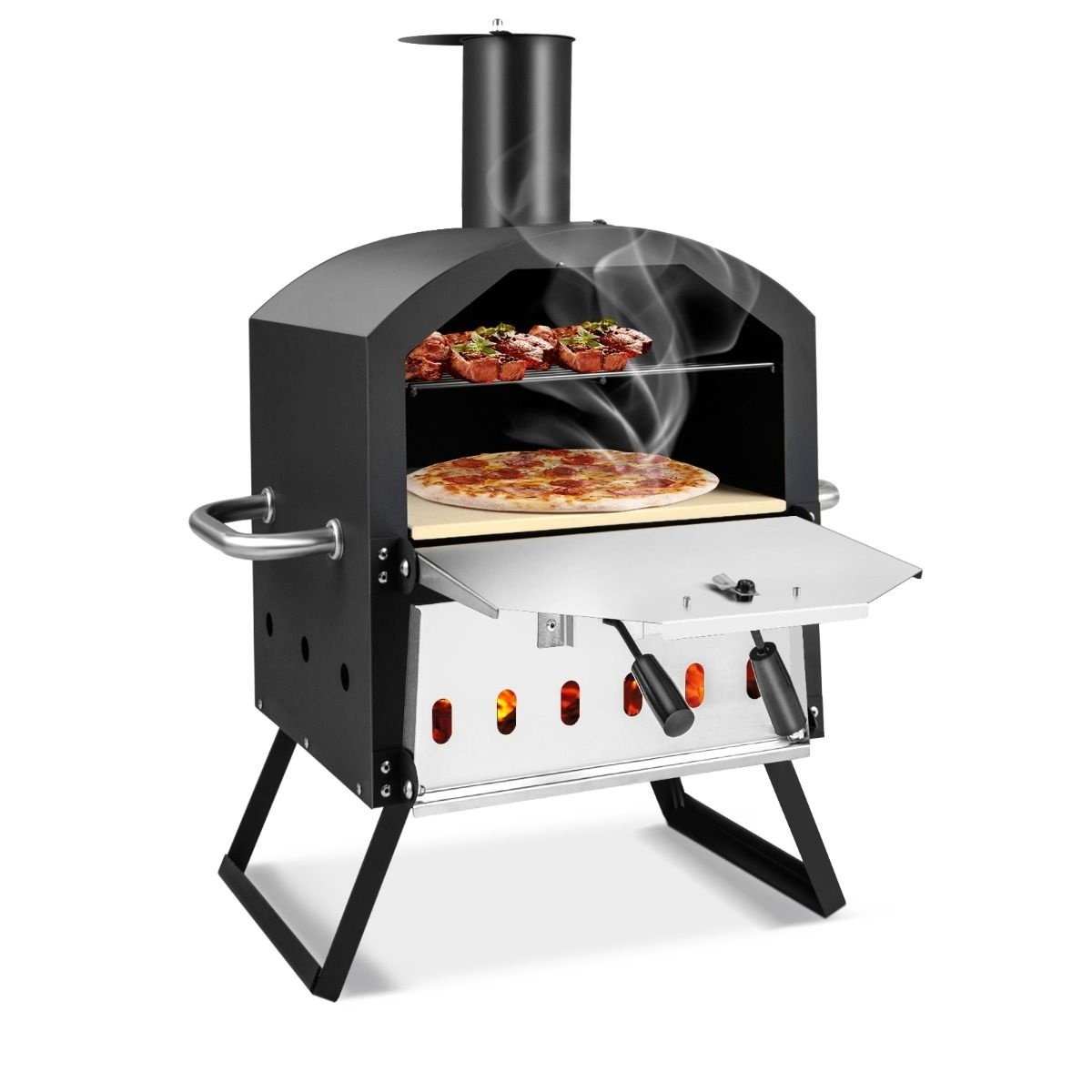 0783501296775 - 2-Schicht-Pizzaofen für den Außenbereich - Inklusive Pizzaschaufel - Abnehmbare mittlere Ablage - Tragbar - 54 x 31 x 72 cm - Schwarz