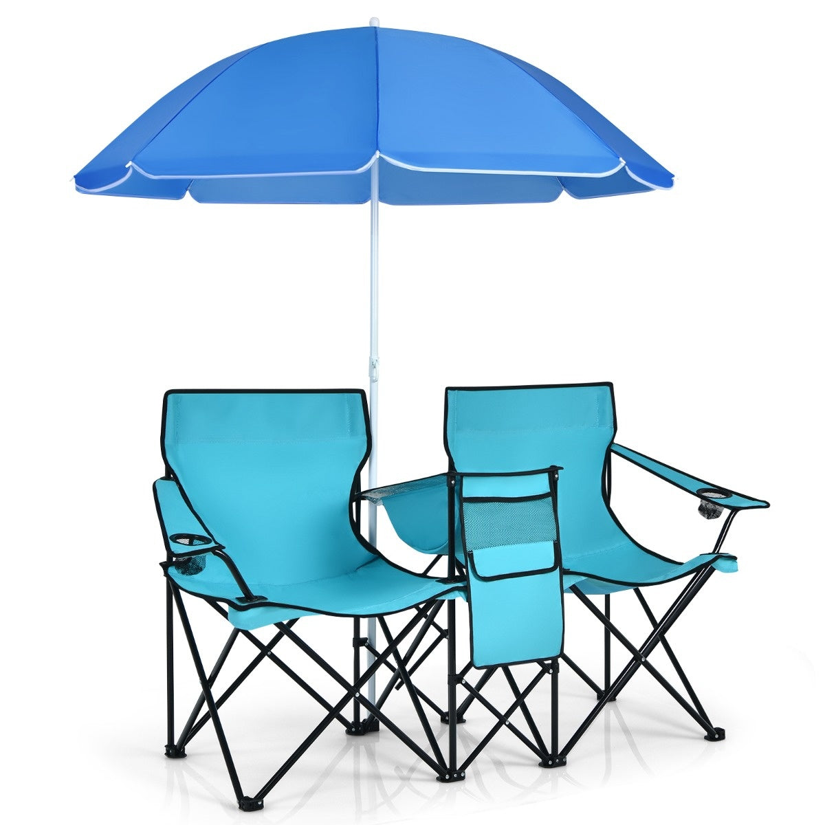 0783501299622 - campingstoel met parasol dubbele vouwstoel met bekerhouder koeltas turquoise