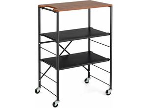 0783501302735 - Klappbarer Trolley mit 3 Ebenen Metallregal mit Holzarbeitsplatte 4 Rollen mit Haken Küchenregal für Büro Speisekammer und Schlafzimmer - Giantex