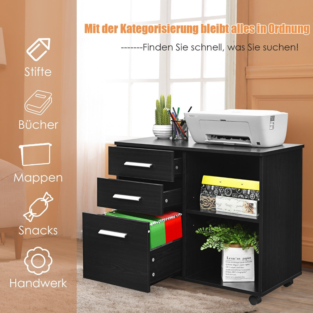 0783501338215 - - Aktenschrank mit 3 Schubladen mobiler Büroschrank auf Rollen 81 x 41 x 66 cm schwarz