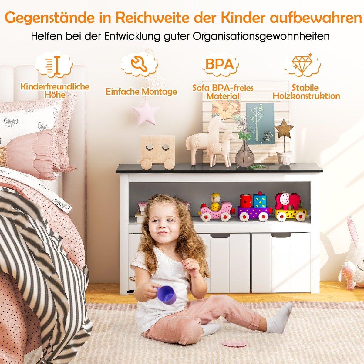 0783501338567 - Kinderspielzeugschrank 3-Schubladen-Kommode mit Rollen 102 x 33 x 62 cm