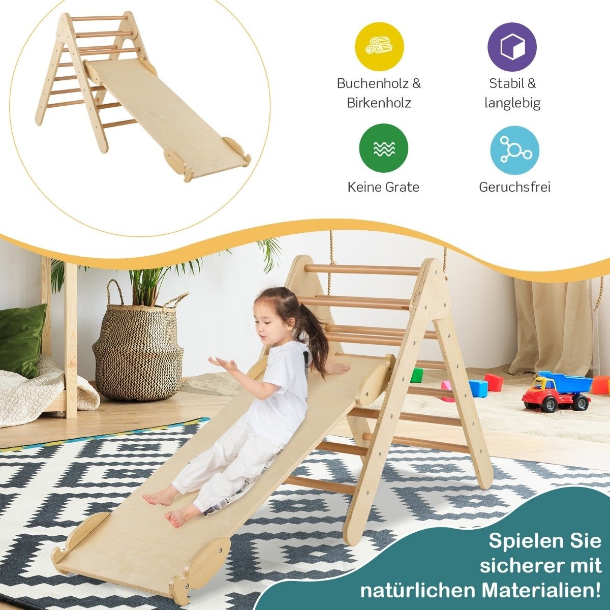 0783501339090 - Costway Daycare Centre Dreieckiges Klettergerüst aus Holz mit Rampe natur