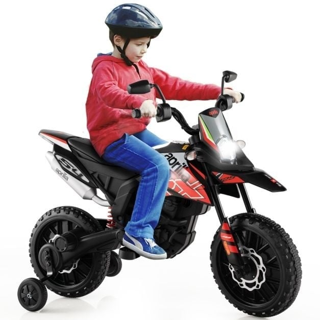 0783501339359 - Elektromotorrad Aprilia-Führerschein für Kinder mit 2 Stützrädern 12V Batteriebetriebenes Motorrad mit Musik für Kinder von 3-8 Jahren