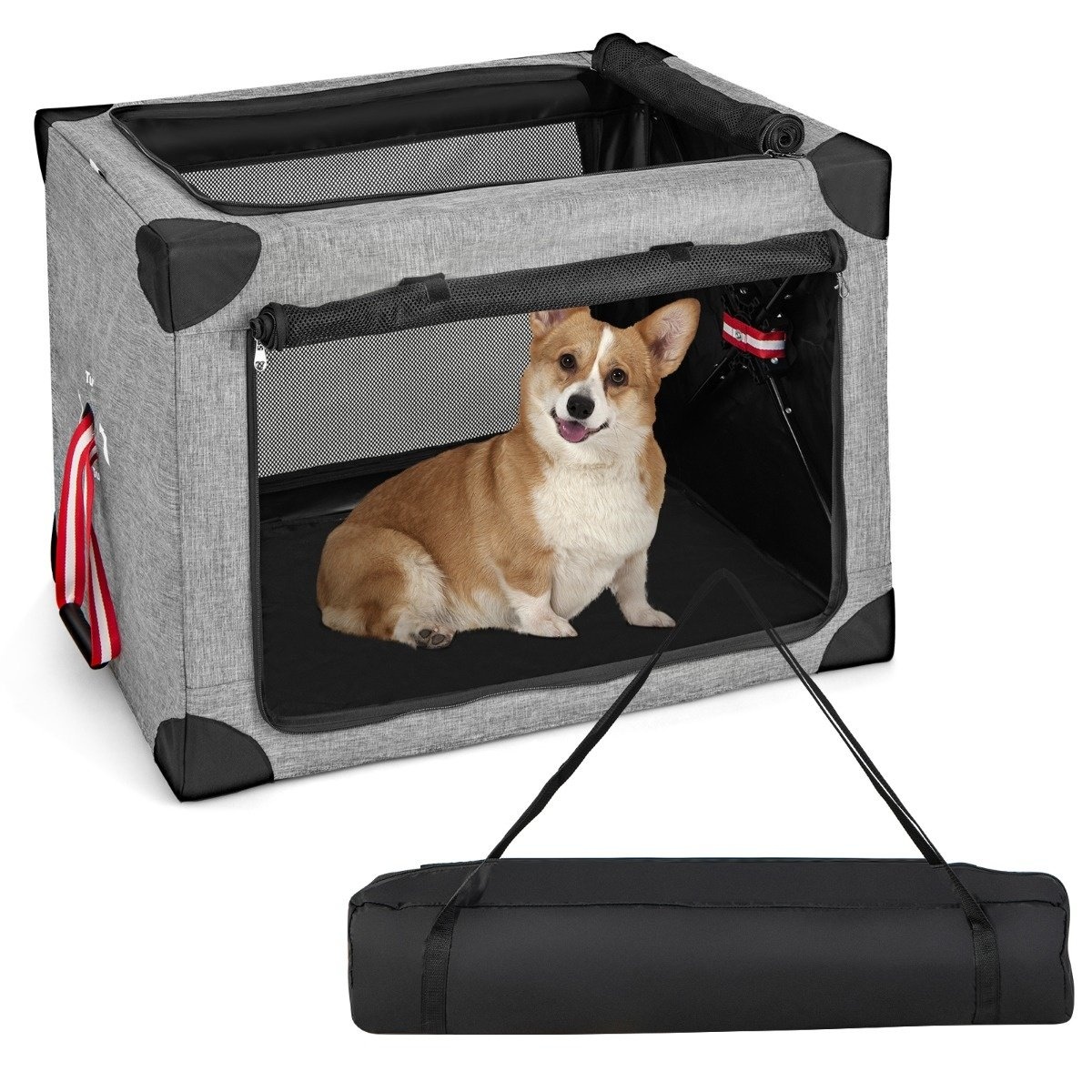 0783501339830 - 3-türige faltbare Hundebox mit abnehmbarem Kissen und Metallrahmen 80 x 59 x 59 cm