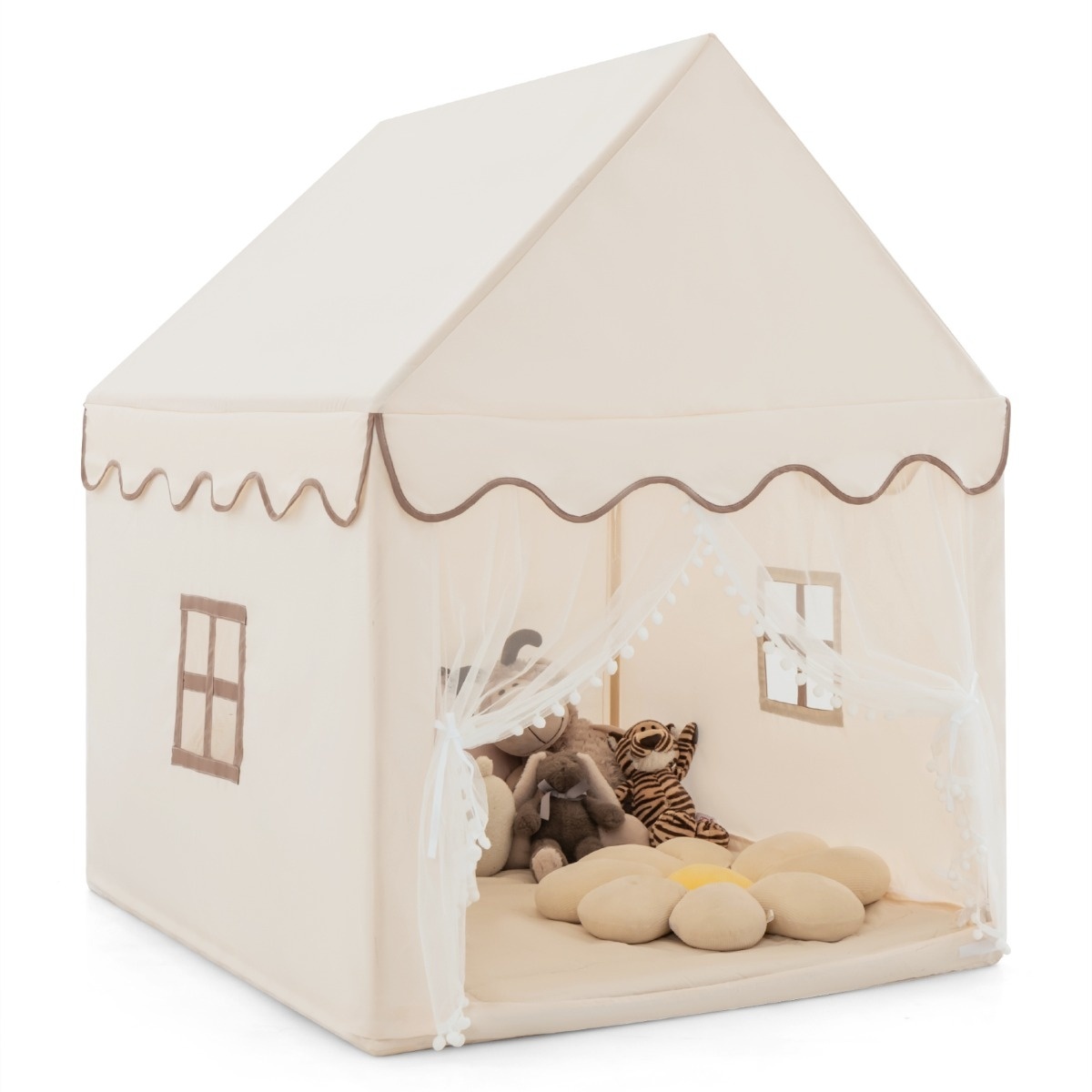 0783501339885 - Kinderspielhaus mit Massivholzrahmen und Baumwolldecke Kinderzelt beige