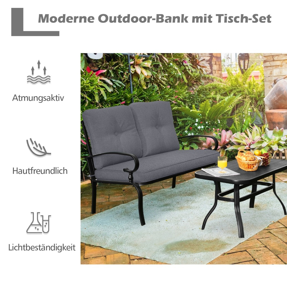 0783501339908 - 2-zits tuinbank met salontafel stoel met kussengrijs en zwart