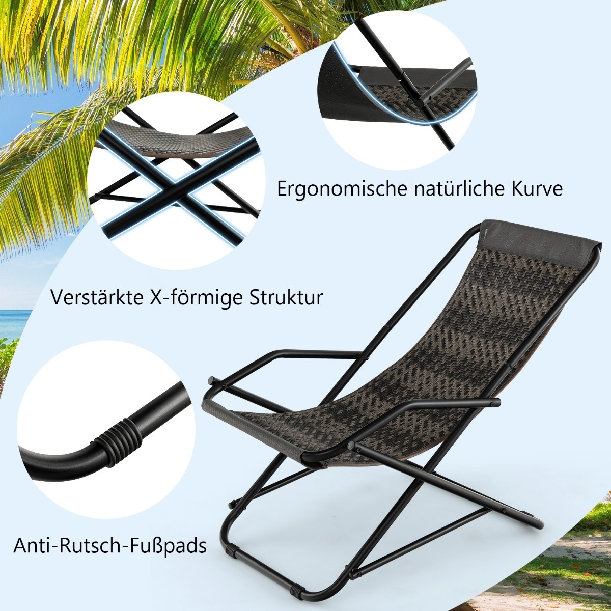 0783501339915 - Costway Liegestuhl faltbar Rattan Strandliege mit sanfter Schaukelbewegung 106 x 65 x 79 cm grau