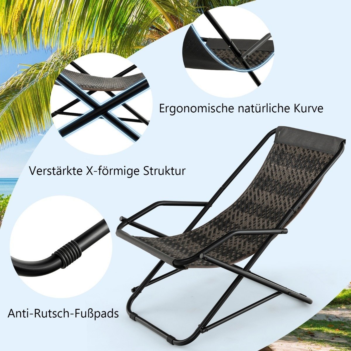 0783501339922 - Liegestuhl mit Klapphocker Rattan Strandliege mit sanftem Schwung 106 x 65 x 79 cm grau