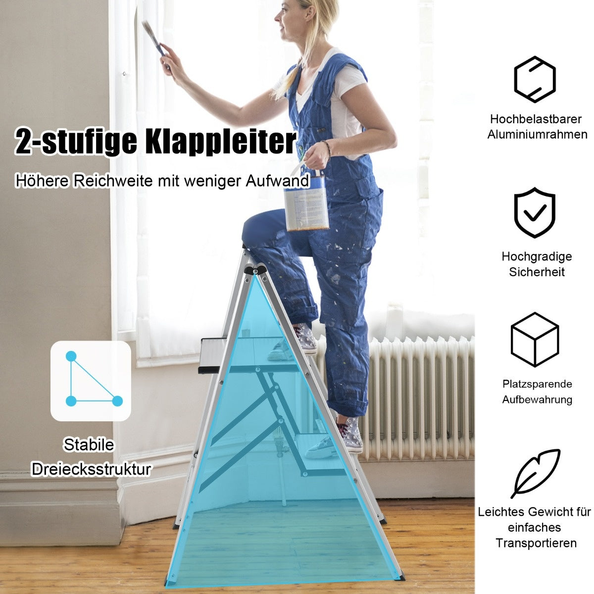 0783501339939 - Step Ladder 2 Stappen Verblijf Ladder Aluminium Vouwladder tot 150 kg zilver