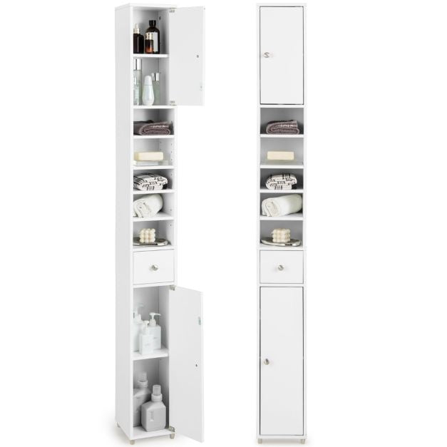 0783501340225 - - Slim Badmöbel - Freistehender Hochschrank - 2 Türen - 1 Schublade - 5 verstellbare Einlegeböden - 20 x 20 x 180 cm