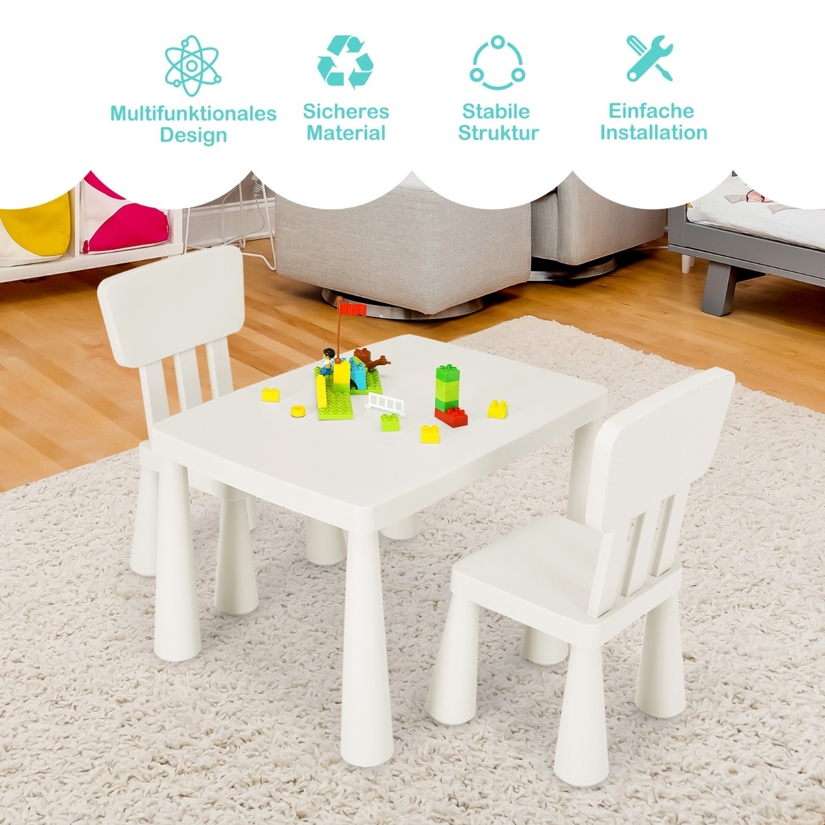 0783501340430 - 3-teiliges Kindertisch-Set - 1 Tisch mit 2 Stühlen - 765 x 545 x 495 cm - Polypropylen - Weiß