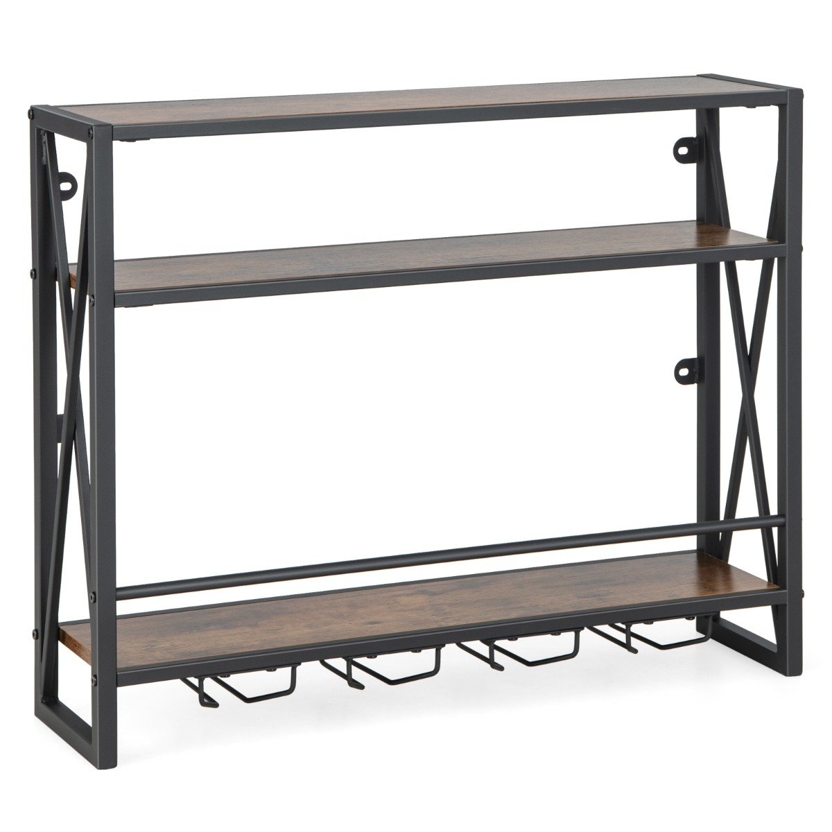 0783501341109 - 3 Level Wall Wine Shelf aus Metall mit Glashalter Industrie-Design rustikal braun