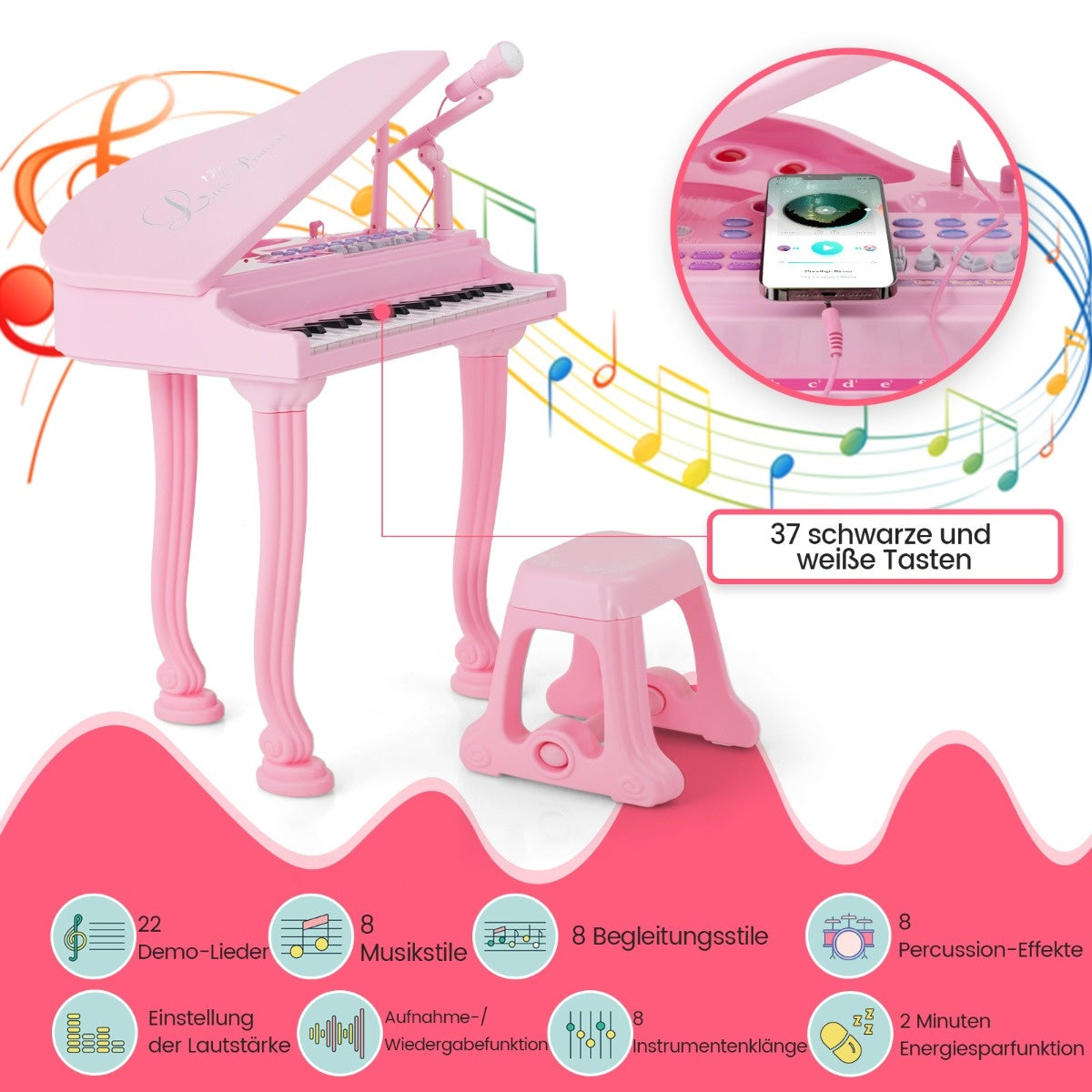0783501341901 - Children Toetsenbord met 37 toetsen en ontlasting elektronisch pianotoetsenbord 47 x 37 x 70 cm roze