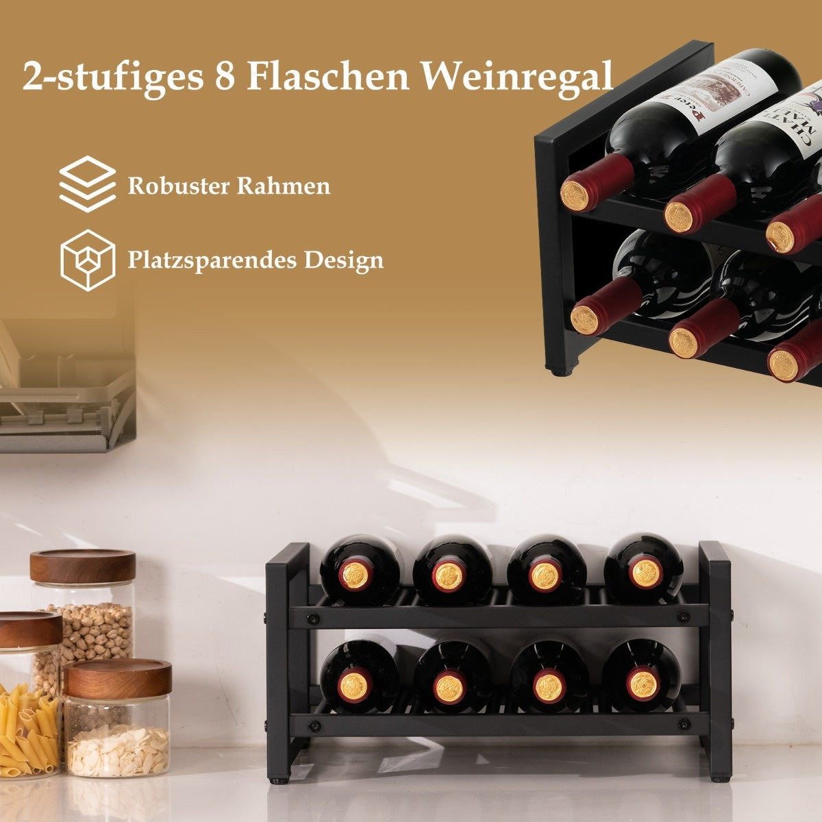 0783501341956 - 2-stufiges Weinregal aus Metall für 8 Flaschen Flaschenregal mit verstellbaren Fußblöcken