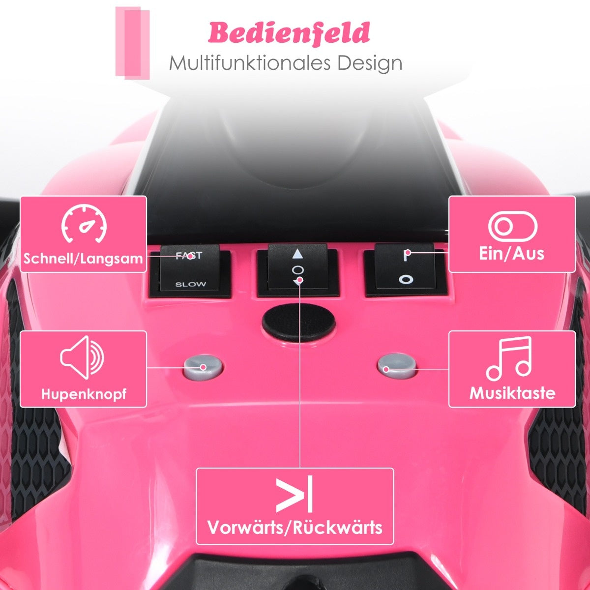 0783501363989 - 12V Elektro Kinderquad met muziekhoorn en LED -koplampen Elektroquad Rosa