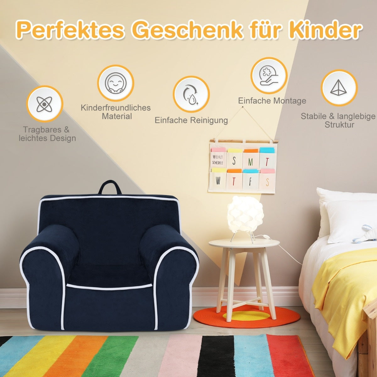 0783501364184 - gepolstertes Kindersofa mit Schaumstoffpolsterung und Armlehne und Griff 68 x 46 x 50 cm navy blau
