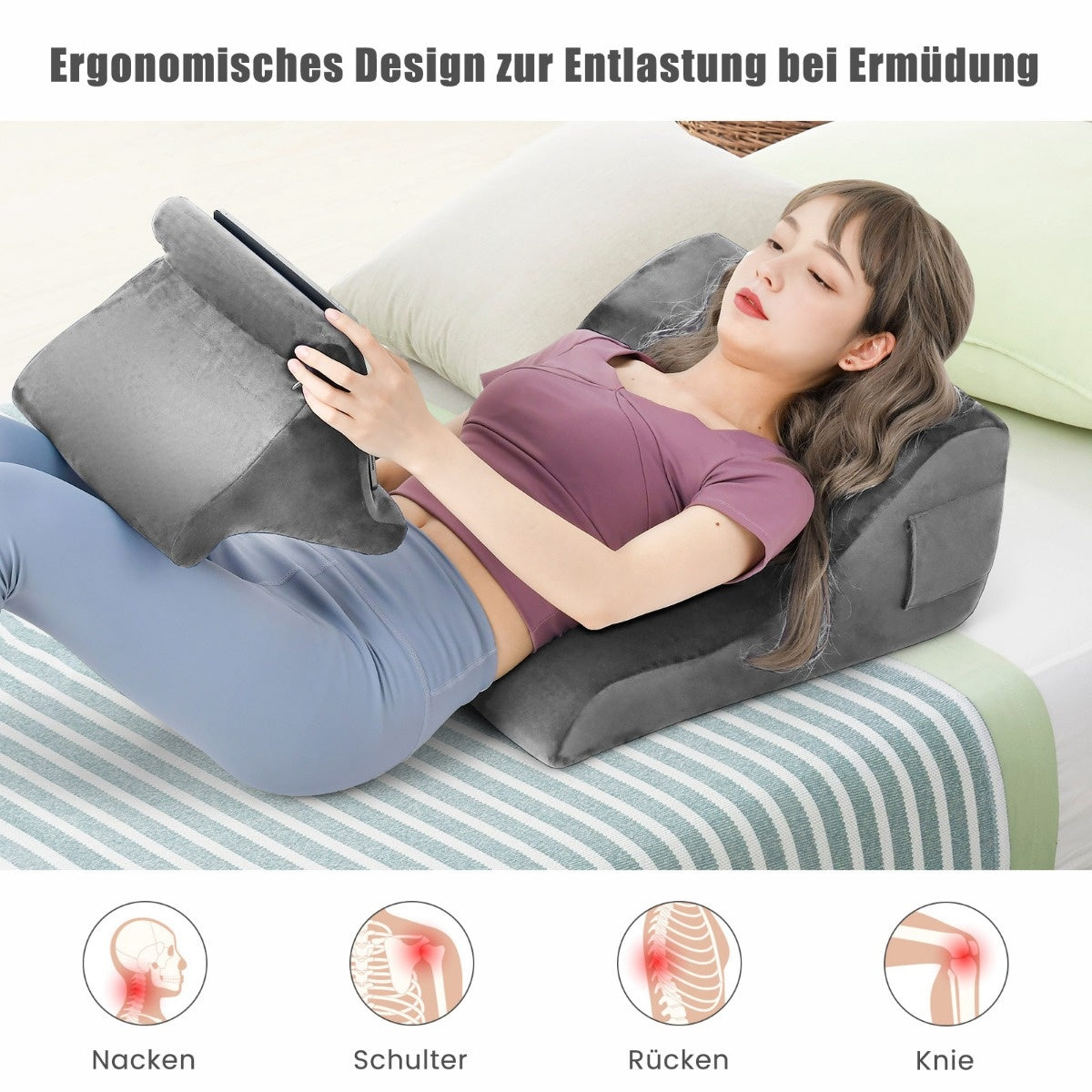 0783501364733 - Wedge Cushion Set Bettkeilkissen mit Tischkissenständer aus Schaumstoff 475 x 235 x 54 cm grau