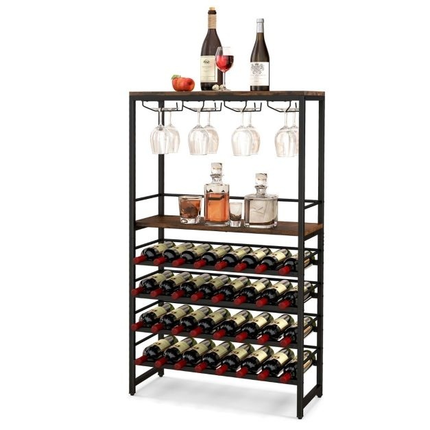 0783501365594 - Weinregal für 32 Weinflaschen und 16 Glasflaschen - Metallrahmen - 80 x 30 x 140 cm - Rustikales Braun + Schwarz