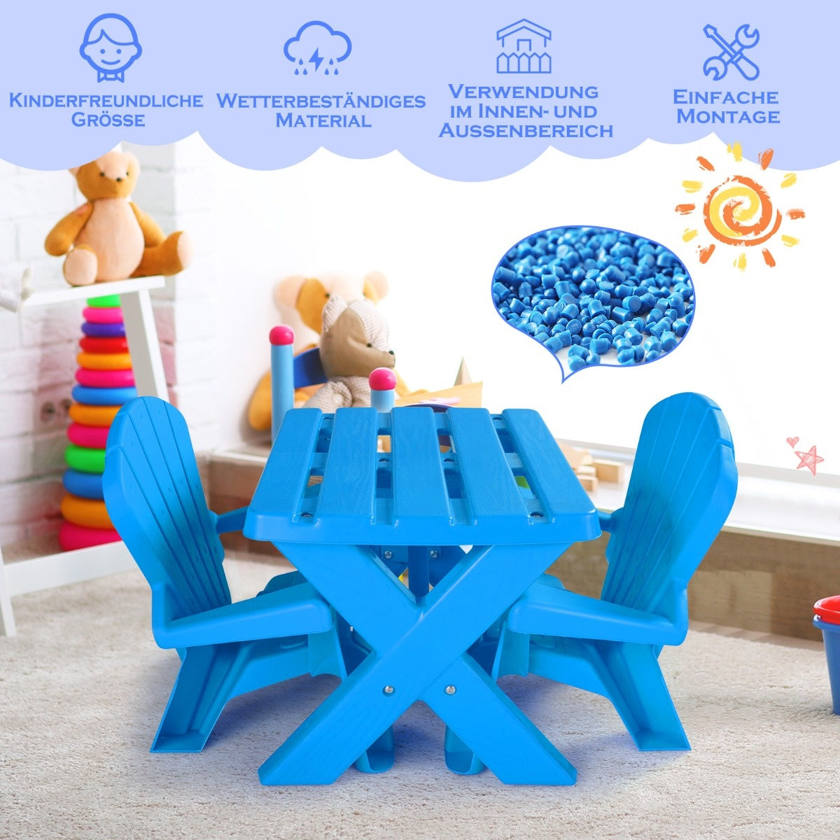 0783501366126 - 3 TLG Kinderstoel gemaakt van plastic kindertafel met 2 Adirondack -stoelen blauw