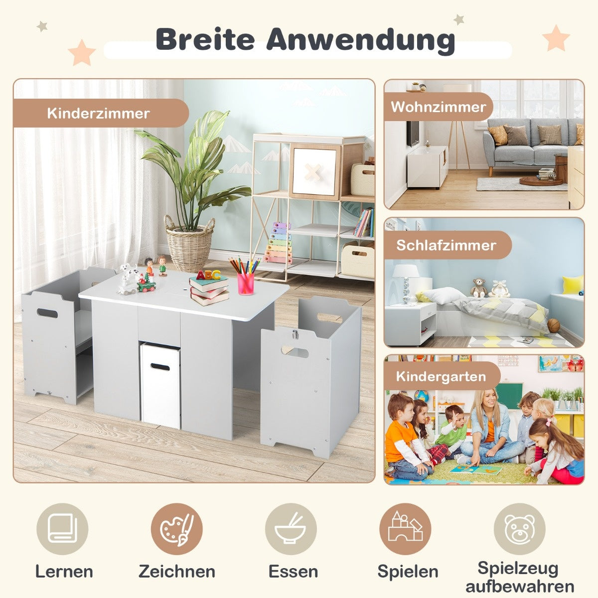 0783501366218 - 3-delige set gemaakt van tafel en stoelen voor kinderen Activiteitstafel met 2 stapelbare stoelen grijs en wit