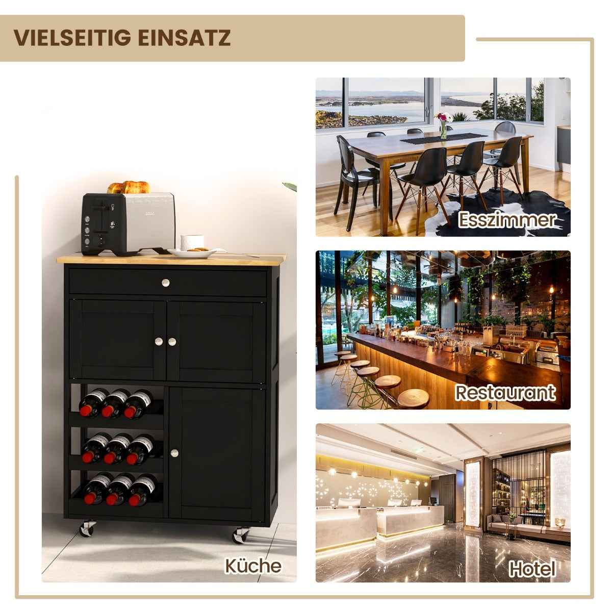 0783501366232 - Kitchen Car Kitchen Island Trolley met houten bordlade 67 x 37 x 865 cm zwart