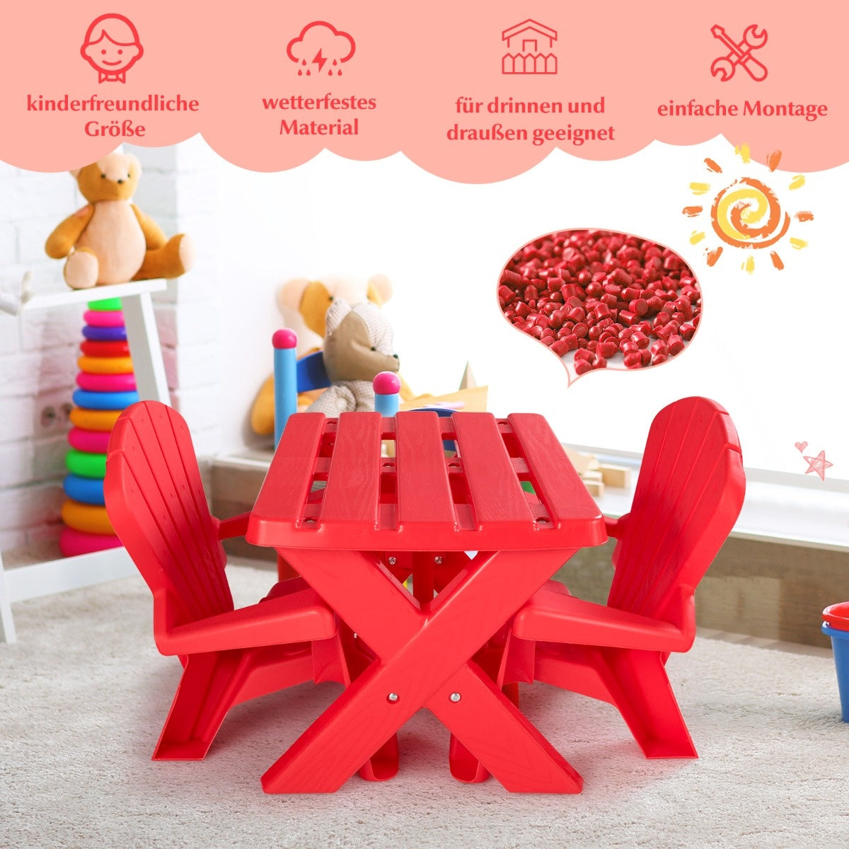 0783501366287 - 3 TLG Kinderstoel gemaakt van plastic kindertafel met 2 Adirondack -stoelen rood