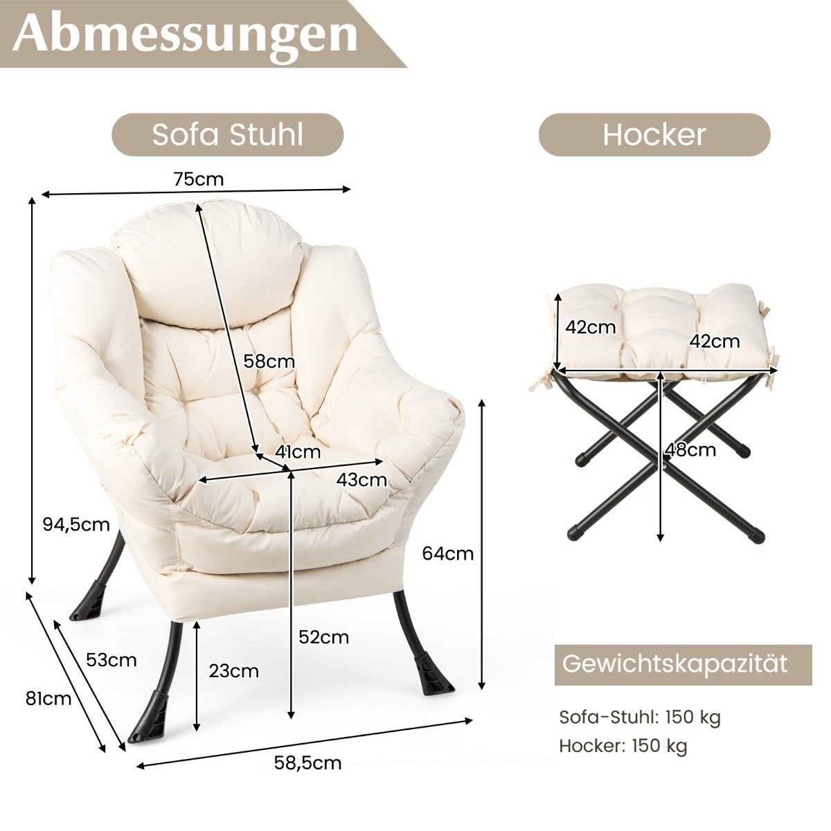 0783501366300 - Sessel mit Relief und Armlehne & Seitentasche und Fußstütze Relaxsessel beige beige