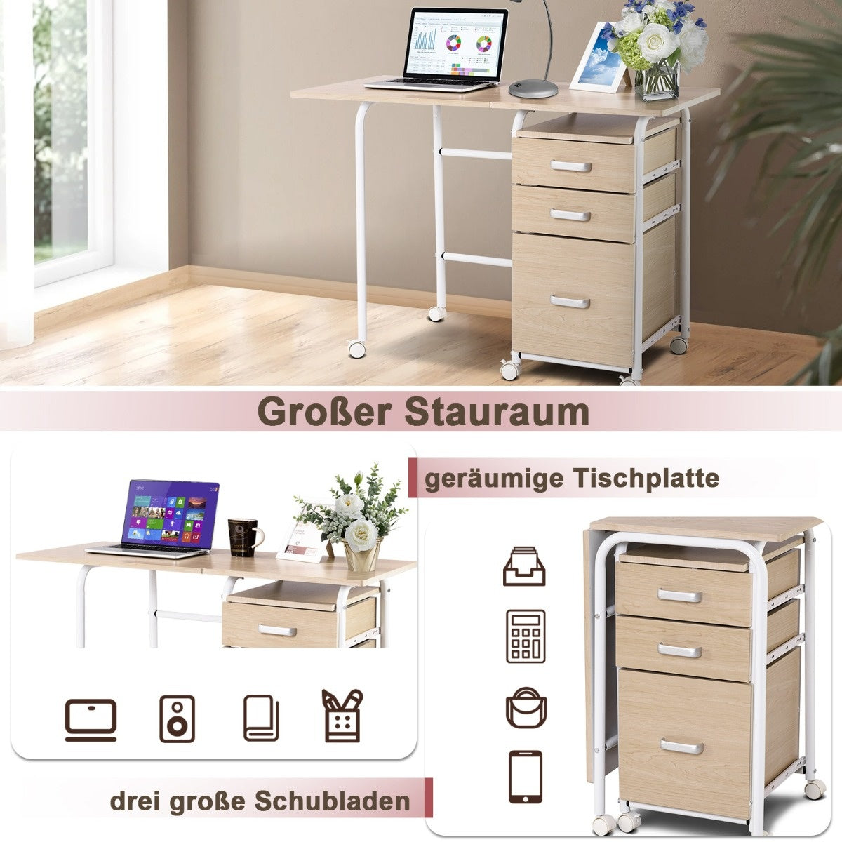 0783501366959 - opvouwbare computertabel met 3 laden bureau 105 x 50 x 75 cm natuur